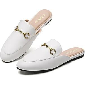 New Minorsu Womens Size 6.5 White Faux Leather Close Toe Slip On Flat Mule Shoes